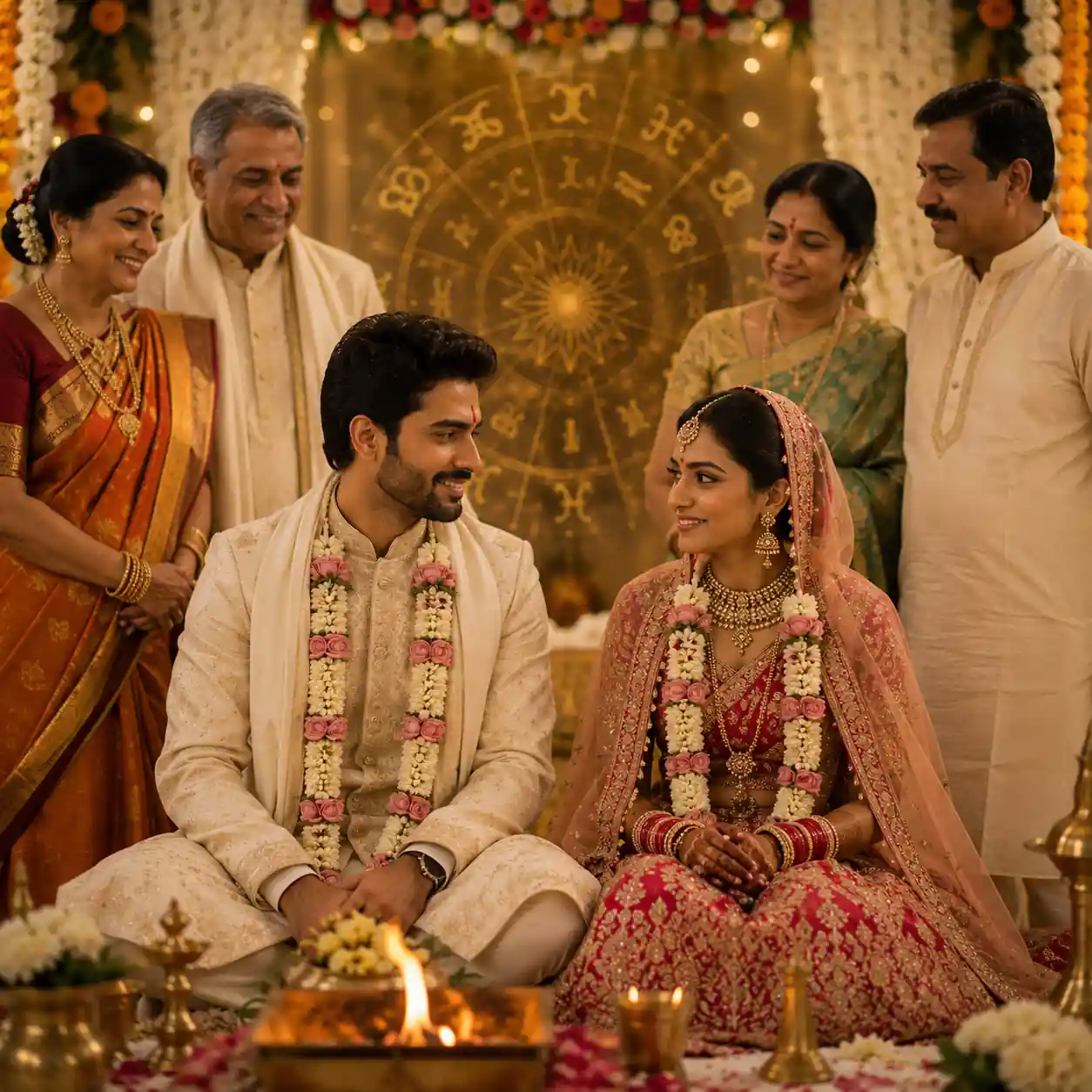 Indian couple discussing marriage concerns with family members