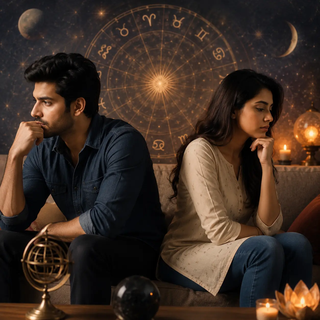 Couple discussing relationship concerns during astrology consultation
