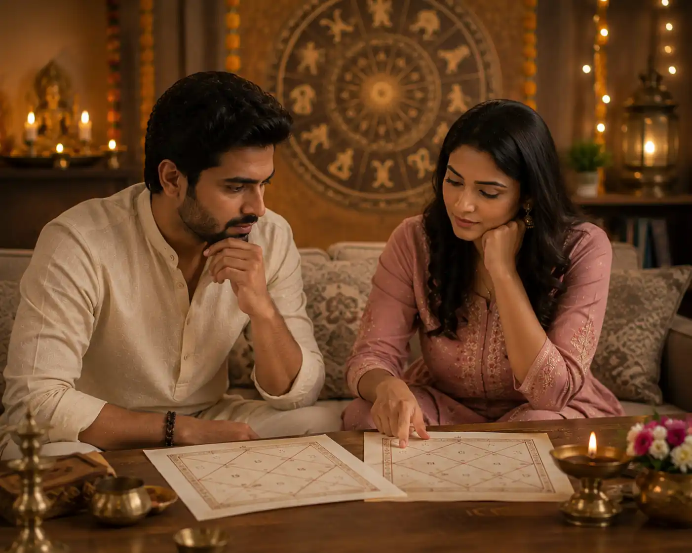 Couple reviewing marriage compatibility with astrology charts