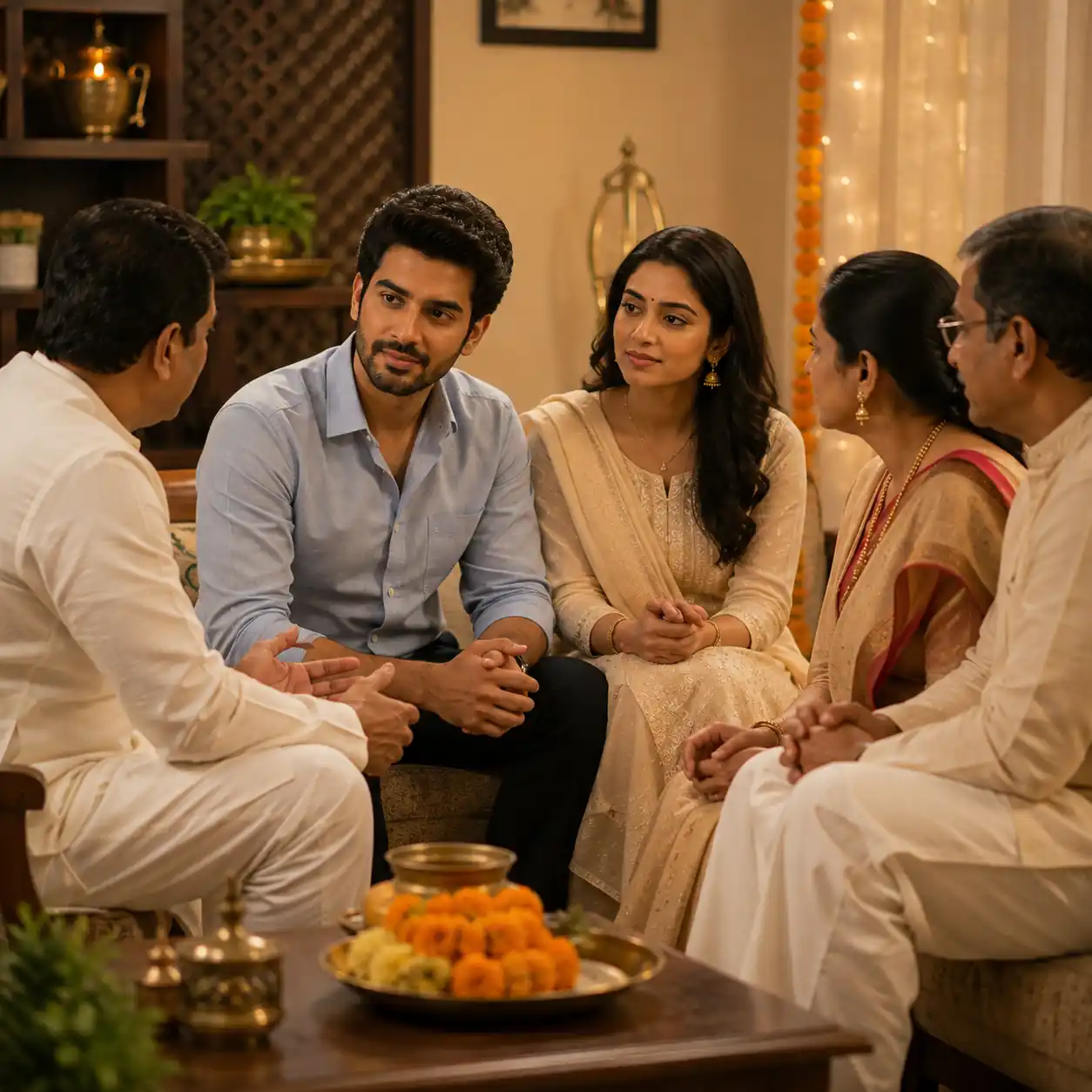 Couple discussing marriage plans with parents